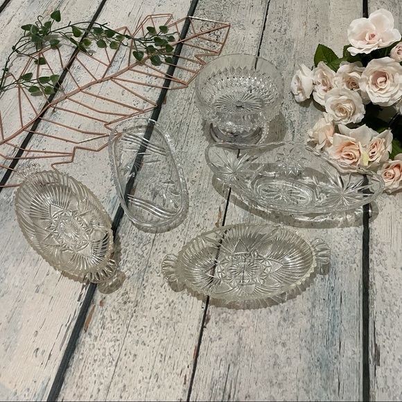 Set 5 vintage glass candy dishes bowls serving trays snacks floral etched silver